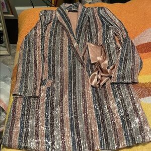 Long Sleeve Sequin Striped Wrap Dress in Rose Gold and Navy